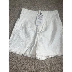 Nwt Zara White Eyelet High Waisted Crochet Trim Womens Shorts XS